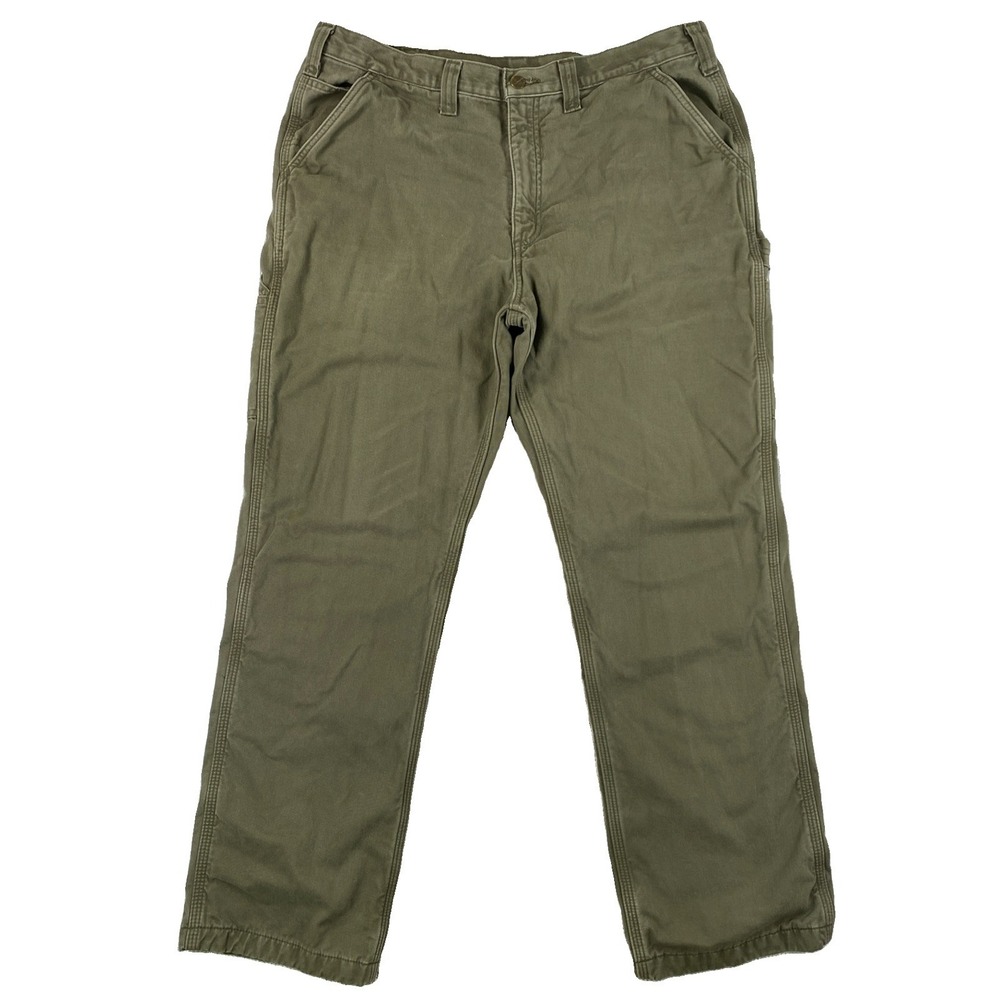 Carhartt Flannel Lined Twill Dungaree Pants Men's 38 x 32 Green Workwear
